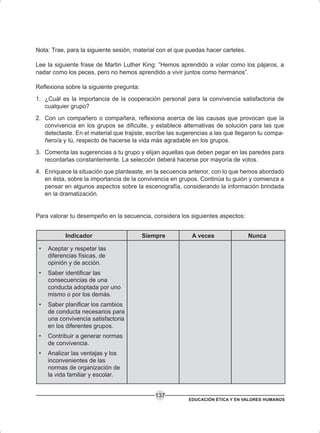 EDUCACIÓN ÉTICA Y EN VALORES HUMANOS
137
Nota: Trae, para la siguiente sesión, material con el que puedas hacer carteles.
Lee la siguiente frase de Martin Luther King: “Hemos aprendido a volar como los pájaros, a
nadar como los peces, pero no hemos aprendido a vivir juntos como hermanos”.
Reflexiona sobre la siguiente pregunta:
1. ¿Cuál es la importancia de la cooperación personal para la convivencia satisfactoria de
cualquier grupo?
2. Con un compañero o compañera, reflexiona acerca de las causas que provocan que la
convivencia en los grupos se dificulte, y establece alternativas de solución para las que
detectaste. En el material que trajiste, escribe las sugerencias a las que llegaron tu compa-
ñero/a y tú, respecto de hacerse la vida más agradable en los grupos.
3. Comenta las sugerencias a tu grupo y elijan aquellas que deben pegar en las paredes para
recordarlas constantemente. La selección deberá hacerse por mayoría de votos.
4. Enriquece la situación que planteaste, en la secuencia anterior, con lo que hemos abordado
en ésta, sobre la importancia de la convivencia en grupos. Continúa tu guión y comienza a
pensar en algunos aspectos sobre la escenografía, considerando la información brindada
en la dramatización.
Para valorar tu desempeño en la secuencia, considera los siguientes aspectos:
Indicador Siempre A veces Nunca
• Aceptar y respetar las
diferencias físicas, de
opinión y de acción.
• Saber identificar las
consecuencias de una
conducta adoptada por uno
mismo o por los demás.
• Saber planificar los cambios
de conducta necesarios para
una convivencia satisfactoria
en los diferentes grupos.
• Contribuir a generar normas
de convivencia.
• Analizar las ventajas y los
inconvenientes de las
normas de organización de
la vida familiar y escolar.
 