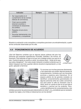 GUÍA DE APRENDIZAJE - CONCEPTOS BÁSICOS
138
Muestra tu evaluación a otro compañero o compañera para tener una retroalimentación, a partir
de las conductas observadas por él o ella.
4.4 PONGÁMONOS DE ACUERDO
¡Qué tal! Déjenme contarles que en algunas plazas públicas del país hay
personas que presentan espectáculos musicales, teatrales o de mímica, sin
escenario. Para delimitar el lugar en el que van a trabajar pintan una raya en el
piso. Cuando la gente se acerca a verlos, los actores dicen: “¡Atrás de la raya,
que estoy trabajando!”. Con esta simple indicación el público entiende que no
deben traspasar esa línea: guardan silencio durante la representación y si les
gustó, aplauden al terminar.
Tú convives con muchas personas diariamente,
y has observado que existen algunas pautas de
comportamiento y símbolos que nos recuerdan
acciones y espacios para interactuar. En el
espacio público de las grandes ciudades se
identifican comportamientos generalizados de
algunas personas entre las cuales conocemos
que para pasar la calle es necesario usar la
cebra, tener en cuenta el color en el que está el
semáforo y caminar por los andenes. Pero,
¿cómo identificamos los comportamientos y las
señales que ponen las personas para relacionarse con otras?, y tu ¿consideras que es necesario
respetar las reglas y los límites al relacionarnos con los demás?
Indicador Siempre A veces Nunca
• Ser responsable en el
cumplimiento de las normas
básicas de convivencia.
• Creer que es posible
alcanzar acuerdos o
consensos en situaciones
de conflicto.
• Respetar el turno de la
palabra.
• Escuchar atentamente a los
compañeros y compañeras.
 