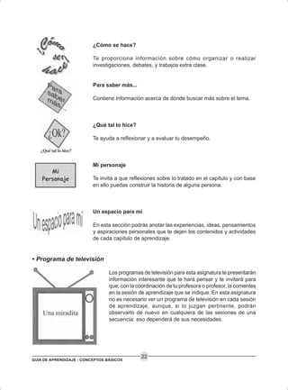 GUÍA DE APRENDIZAJE - CONCEPTOS BÁSICOS
22
¿Cómo se hace?
Te proporciona información sobre cómo organizar o realizar
investigaciones, debates, y trabajos extra clase.
Para saber más...
Contiene información acerca de dónde buscar más sobre el tema.
¿Qué tal lo hice?
Te ayuda a reflexionar y a evaluar tu desempeño.
Mi personaje
Te invita a que reflexiones sobre lo tratado en el capítulo y con base
en ello puedas construir la historia de alguna persona.
Un espacio para mí
En esta sección podrás anotar las experiencias, ideas, pensamientos
y aspiraciones personales que te dejen los contenidos y actividades
de cada capítulo de aprendizaje.
• Programa de televisión
Los programas de televisión para esta asignatura te presentarán
información interesante que te hará pensar y te invitará para
que, con la coordinación de tu profesora o profesor, la comentes
en la sesión de aprendizaje que se indique. En esta asignatura
no es necesario ver un programa de televisión en cada sesión
de aprendizaje, aunque, si lo juzgan pertinente, podrán
observarlo de nuevo en cualquiera de las sesiones de una
secuencia: eso dependerá de sus necesidades.
 