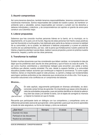 GUÍA DE APRENDIZAJE - CONCEPTOS BÁSICOS
28
3. Asumir compromisos
Así como tenemos derechos, también tenemos responsabilidades, tenemos compromisos con
nosotros/as mismos/as. Somos responsables del cuidado de nuestro cuerpo, de mantener un
ambiente sano y saludable, somos responsables por conocer y cumplir con los derechos y
deberes individuales y colectivos, y de comprometernos con aportar un granito de arena para
construir una Colombia mejor.
4. Liderar propuestas
Sabemos que has conocido muchas personas líderes en tu barrio, en tu municipio, en tu
departamento, en tu país y en el mundo. Algunas de estas personas han hecho cosas positivas
que han favorecido a mucha gente y han dedicado gran parte de su tiempo a conocer la realidad
de su comunidad y de su pueblo, se dedicaron a elaborar propuestas y a poner en práctica
muchos de sus planteamientos, por eso, vale la pena que fortalezcamos nuestro potencial de
líderes y logremos plantear nuevas ideas, realizar nuevos proyectos y poner en práctica nuestra
tolerancia, respeto y cariño con las otras personas.
5. Transformar la realidad
Existen muchas situaciones que has considerado que deben cambiar, no compartes la idea de
dejar que los problemas sean asunto de otras personas y que el futuro es cosa de suerte. Tú,
así como muchos colombianos y colombianas trabajan para encontrar una salida a tantos
conflictos que afectan nuestra sociedad. Por eso, desde tu espacio familiar y tu comunidad
educativa puedes realizar acciones que contribuyan a mejorar la convivencia. Tú como sujeto
histórico, tienes un importante papel en este proceso, tu opinión y trabajo son fundamentales
para lograr cambios profundos en las relaciones que construimos en el día a día. Vivir la paz y
encontrar soluciones a los conflictos es un compromiso de todos/as.
Miremos...
En este capítulo, seguramente participaste en diversas actividades, es decir,
conociste varias formas de aprender. Es importante que sepas cómo llevaste a
cabo las actividades propuestas, pues así podrás identificar en dónde te salieron
muy bien las cosas y en dónde no tanto, con el objeto de corregirlo tú mismo/a
y mejorar la manera en que lo hiciste.
Recuerda que participaste tanto en diálogos con tus compañeros y compañeras como en
reflexiones personales acerca de qué aprender, cómo aprender y para qué nos sirve lo aprendido
a través de esta asignatura, su forma de trabajo y cómo se evaluará.
¿Qué hice? Siempre A veces Nunca
Expresé mis ideas
Participé en las discusiones
Realicé las actividades
 