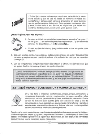 EDUCACIÓN ÉTICA Y EN VALORES HUMANOS
31
¿Te has fijado en que, actualmente, una buena parte del día la pasas
en la escuela y que tal vez no sabes los nombres de todos tus
compañeros y compañeras? Vamos a profundizar en saber quiénes
son los que forman parte de tu grupo. Dado que vas a convivir con ellos
y ellas durante todo el año escolar, es importante que sepas sus
nombres, dónde nacieron, dónde viven y con quiénes viven.
¿Qué nos gusta y qué nos disgusta?
1. Para esta actividad, necesitarás las respuestas que anotaste a “me gusta...”,
“no me gusta...”, “en las demás personas me gusta que...” y “en las demás
personas me disgusta que...”, en tú sabes algo...
2. Formen equipos de cinco y pregúntense sobre lo que les gusta y les
disgusta.
3. Elaboren una lista con las respuestas que cada quien dio a lo que les gusta y disgusta en las
personas y prepárense para cuando el profesor o la profesora les pida que las comenten
con el grupo.
4. Con los compañeros y compañeras elabora dos listas en el tablero, una con las cosas que
les gustan de otras personas y otra con las que les disgustan.
Cuando hayan terminado, acuerden en el grupo cómo tener en un lugar visible del
salón las conclusiones con respecto de lo que les gusta y les disgusta en el trato con
los demás; una manera podría ser elaborar las cartulinas tituladas: “En este grupo
nos gusta que las demás personas nos traten” y “En este grupo nos disgusta que las
demás personas nos traten”.
2.2 ¿QUÉ PIENSO?, ¿QUÉ SIENTO? Y ¿CÓMO LO EXPRESO?
En tu vida diaria te relacionas con familiares, amigos, amigas, compañeros y
compañeras de escuela, vecinos y muchas otras personas, con ellos y ellas
intercambias saludos, pensamientos e ideas, en diferentes momentos. Puede
ser que no te hayas dado cuenta, pero con cada uno de ellos y ellas te
comunicas de un modo especial, con algunos/as de manera formal y con otros/
as estableces una relación más cercana. Esto se relaciona con la capacidad
de comunicación que tenemos todas las personas.
Por otra parte, quizá recuerdes que cuando eras pequeño/a imaginabas personajes fantásticos,
creabas tus propios juegos y juguetes, preguntabas a tu mamá o papá el porqué de muchas
cosas e inventabas explicaciones o aquello que desconocías. En este capítulo de actividades
descubrirás que es una capacidad que no has perdido.
 