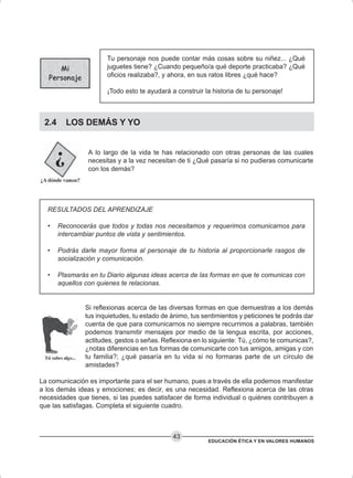 EDUCACIÓN ÉTICA Y EN VALORES HUMANOS
43
Tu personaje nos puede contar más cosas sobre su niñez... ¿Qué
juguetes tiene? ¿Cuando pequeño/a qué deporte practicaba? ¿Qué
oficios realizaba?, y ahora, en sus ratos libres ¿qué hace?
¡Todo esto te ayudará a construir la historia de tu personaje!
2.4 LOS DEMÁS Y YO
A lo largo de la vida te has relacionado con otras personas de las cuales
necesitas y a la vez necesitan de ti ¿Qué pasaría si no pudieras comunicarte
con los demás?
RESULTADOS DEL APRENDIZAJE
• Reconocerás que todos y todas nos necesitamos y requerimos comunicarnos para
intercambiar puntos de vista y sentimientos.
• Podrás darle mayor forma al personaje de tu historia al proporcionarle rasgos de
socialización y comunicación.
• Plasmarás en tu Diario algunas ideas acerca de las formas en que te comunicas con
aquellos con quienes te relacionas.
Si reflexionas acerca de las diversas formas en que demuestras a los demás
tus inquietudes, tu estado de ánimo, tus sentimientos y peticiones te podrás dar
cuenta de que para comunicarnos no siempre recurrimos a palabras, también
podemos transmitir mensajes por medio de la lengua escrita, por acciones,
actitudes, gestos o señas. Reflexiona en lo siguiente: Tú, ¿cómo te comunicas?,
¿notas diferencias en tus formas de comunicarte con tus amigos, amigas y con
tu familia?; ¿qué pasaría en tu vida si no formaras parte de un círculo de
amistades?
La comunicación es importante para el ser humano, pues a través de ella podemos manifestar
a los demás ideas y emociones; es decir, es una necesidad. Reflexiona acerca de las otras
necesidades que tienes, si las puedes satisfacer de forma individual o quiénes contribuyen a
que las satisfagas. Completa el siguiente cuadro.
 