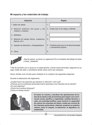 EDUCACIÓN ÉTICA Y EN VALORES HUMANOS
53
Mi espacio y los materiales de trabajo
¡Qué te parece, ya tienen su reglamento! Es el resultado del trabajo de todas
y todos. ¡Adelante!
Trata de escribirlo con tu grupo en un papel grande, cuando hayas terminado, péguenlo en un
lugar visible del salón y consúltenlo tantas veces como sea necesario.
Ahora, tómate unos minutos para contestar en tu cuaderno las siguientes preguntas:
Durante la elaboración del reglamento:
¿Cuáles fueron los aspectos que llamaron tu atención? ¿Por qué?
¿Piensas que tus intereses personales fueron parecidos a los intereses de los demás?
¿En qué aspectos?
¿Cómo fue la actitud del grupo?
¿Cómo te sientes ahora?
Al tomar en cuenta y coordinar las aportaciones de to-
dos de la manera más provechosa para lograr una convi-
vencia social, pacífica y organizada, ustedes llevaron a
cabo una actividad política, pues tuvieron la capacidad
de colocar los intereses de todos y todas por encima de
los intereses particulares. Además, pusieron en práctica
valores como el respeto, la tolerancia, la dignidad y la
solidaridad.
Aspectos
1. Salón de clases.
2. Material didáctico del grupo y del
maestro o maestra.
3. Mobiliario
4. Material de trabajo (libros, cuadernos,
lápices, etc.).
5. Aparato de televisión y videograbadora.
6. Otros.
Reglas
1.
2. Cuidar que no se caiga y maltrate.
3.
4.
5. Cuidarlos para que no se descompongan
y mantenerlos limpios.
6.
 