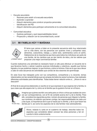 GUÍA DE APRENDIZAJE - CONCEPTOS BÁSICOS
70
• Escuela secundaria
- Razones para asistir a la escuela secundaria
- Aprender a aprender
- Adquirir elementos para construir proyectos personales
- Identificación del PEI
- Adquirir elementos para participar activamente en la comunidad educativa.
• Comunidad educativa
- Quiénes participan y qué responsabilidades tienen
- Proyección y relación con la comunidad local y social
3.1 MI FAMILIA HOY Y MAÑANA
El tema que vamos a tratar en la presente secuencia está muy relacionado
con tu vida diaria, con las personas con quienes vives y compartes casa,
alimentos, costumbres, trabajo, y, sobre todo, sentimientos como el cariño.
Hablaremos de la importancia que tiene para todos los individuos ser parte de
una familia, de los cambios que se dan dentro de ésta y de los valores que
propician una mejor convivencia familiar.
Cuando realizamos una actividad es necesario hacer un alto para efectuar un recuento de lo
que llevamos hecho y valorar nuestros avances individuales y colectivos, aquello que hemos
logrado y lo que podemos mejorar; lo que hicimos y cómo lo hicimos. Esto es lo que vas a llevar
a cabo en esta secuencia de actividades que consta de dos sesiones de aprendizaje.
En esta Guía has trabajado junto con tus compañeros, compañeras y tu docente, temas
relacionados con las características que son propias de todos los seres humanos y has realizado
diferentes actividades para identificarlas. Todas éstas tienen relación entre sí... ¡Ahora lo vas a
descubrir!
Al final de la secuencia elaborarás un escrito en el que expreses lo que esperas de tu familia, lo
que crees que ella espera de ti y cómo es la familia que te gustaría formar en el futuro.
Imagina que quieres escribir una carta para un chico o chica que acabas de cono-
cer por correspondencia, con el fin de contarle acerca de ti y de tu familia. Para
ello, considera los siguientes puntos: número de personas que integran tu familia,
sus nombres y la relación que tienen contigo, las responsabilidades de cada uno
y las tuyas, la importancia de lo que tú haces por tu familia, y de lo que hacen los
demás por ti, así como los aspectos de la vida familiar más sobresalientes.
Ahora, redacta tu carta en el cuaderno de trabajo, describe todos los
aspectos que consideres deben conocer las otras personas y ten en
cuenta lo dicho anteriormente.
 