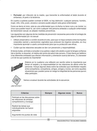 EDUCACIÓN ÉTICA Y EN VALORES HUMANOS
93
• Perinatal: por infección de la madre, que transmite la enfermedad al bebé durante el
embarazo, el parto o la lactancia.
En cuanto a quiénes pueden contraer el SIDA, no hay distinción: cualquier persona, hombre,
mujer, niño, niña, joven, anciana o anciano puede adquirir esta grave enfermedad.
Como se decía al inicio, esta es una enfermedad que a la fecha no tiene cura y es mortal. Lo
único que puedes hacer tú, así como cualquier otra persona anteesta o cualquier enfermedad
de transmisión sexual, es adoptar medidas preventivas.
Las siguientes son algunas de las medidas de prevención necesarias para evitar el contagio de
alguna enfermedad por vía sexual:
• Utilizar preservativo o condón durante el coito, para que no haya contacto entre los líquidos
corporales (semen y secreciones vaginales) que producen los órganos sexuales, es muy
importante aprender a usarlo correctamente para que su protección sea eficaz.
• Cuidar que las relaciones sexuales se den con prevención y responsabilidad.
Si tienes dudas, anímate a consultar a tus padres o algún otro adulto a quien le tengas confianza
(de tu familia, tu docente), al médico del centro de salud más cercano. O bien llama por teléfono
a las diferentes entidades que ofrecen información y orientación acerca del tema. ¡Tu bienestar
y el de los que quieres es importante!
Elabora en tu cuaderno una reflexión por escrito sobre la importancia que
tienen el respeto y la responsabilidad en las relaciones de afecto entre las
personas. Incluye algunas ideas sobre las actitudes que manifiestan respeto
entre compañeros, compañeras, amigos, amigas y novios, así como aquellas
situaciones que, pueden poner en riesgo la integridad de las personas que en
ellas participan.
Vamos a evaluar durante las actividades de la secuencia
Participé en las discusiones sobre
las relaciones de amistad,
compañerismo y noviazgo
Realicé las tareas que
individualmente me fueron
asignadas
Argumenté mis puntos de vista
Criterios Siempre Algunas veces Nunca
 