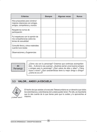 GUÍA DE APRENDIZAJE - CONCEPTOS BÁSICOS
94
¿Cómo vas con tu personaje? Creemos que continúas acompañán-
dolo... A ahora tú vas a pensar: ¿Quiénes serían unos buenos amigos
y amigas para tu personaje? ¿Qué valora de ellos y ellas? ¿Tiene
novia o novio? ¿Qué características tiene tu mejor amigo o amiga?
¿Cómo te ve a ti?
3.3 VALOR... ANDO LA ESCUELA
El hecho de que asistas a la escuela Telesecundaria es un derecho que todos
los colombianos y colombianas de tu edad pueden tener. Por ello, es importante
que te des cuenta de lo que tienes para que lo cuides y lo aproveches al
máximo.
Hice propuestas para construir
mejores relaciones con amigas,
amigos, compañeros y novio/a
Respeté los turnos de
participación
Fui respetuoso con la opinión de
mis compañeros/as sobre los
temas de sexualidad
Consulté libros y otros materiales
cuando tuve dudas
Observaciones y Sugerencias:
Criterios Siempre Algunas veces Nunca
 