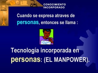 CONOCIMIENTO
             INCORPORADO


 Cuando se expresa atraves de
 personas, entonces se llama :



Tecnología incorporada en
personas: (EL MANPOWER).
 