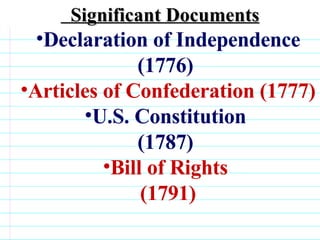 Significant Documents Declaration of Independence (1776)   Articles of Confederation (1777)   U.S. Constitution  (1787)  Bill of Rights  (1791)                              