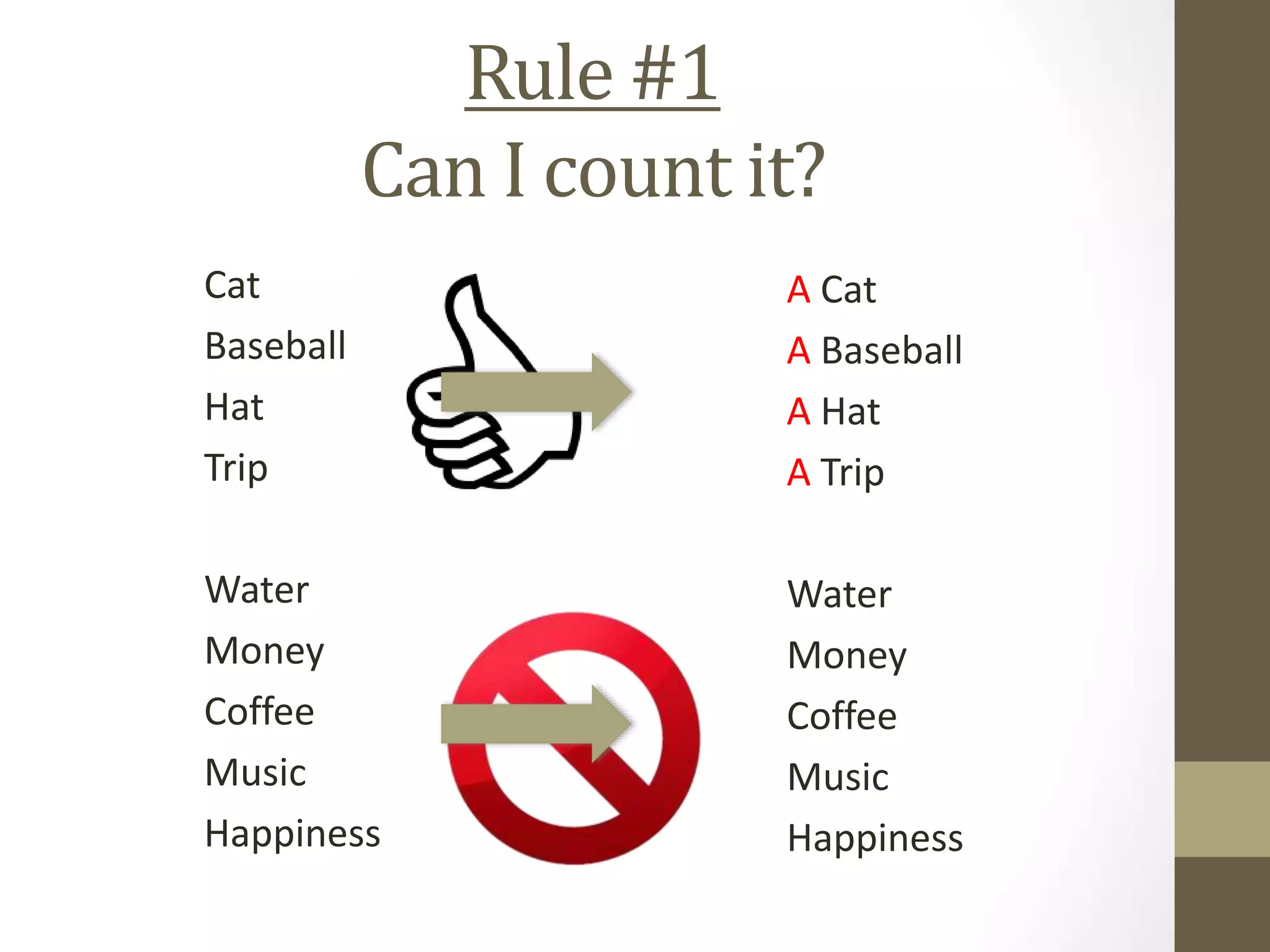 Rule #1
Can I count it?
Cat
Baseball
Hat
Trip
Water
Money
Coffee
Music
Happiness
A Cat
A Baseball
A Hat
A Trip
Water
Money
Coffee
Music
Happiness
 