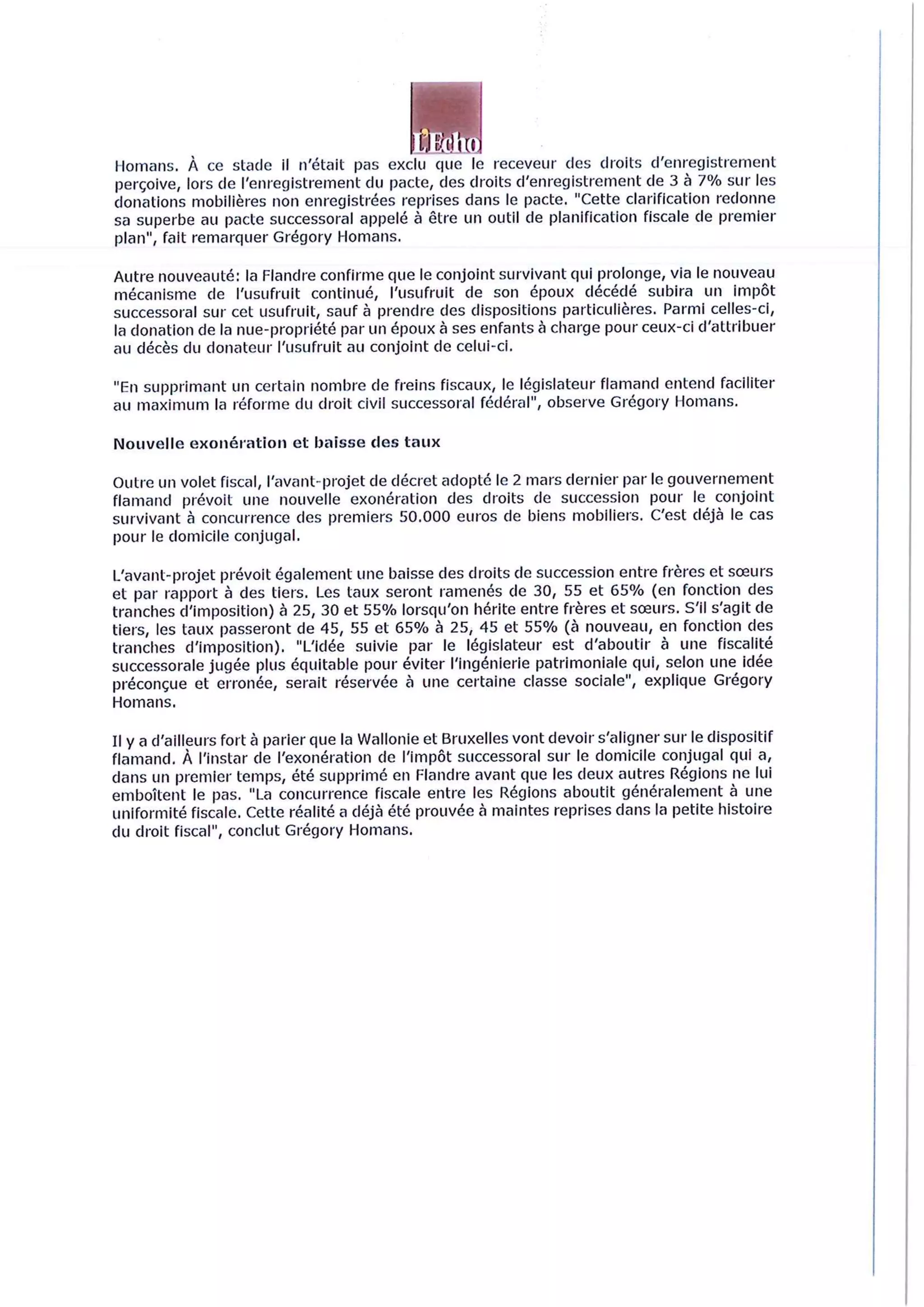 Articles relatifs à la conférence de Me Homans sur les nouveautés fiscales et patrimoniales pour le contribuable wallon (22/05/18 Charleroi)