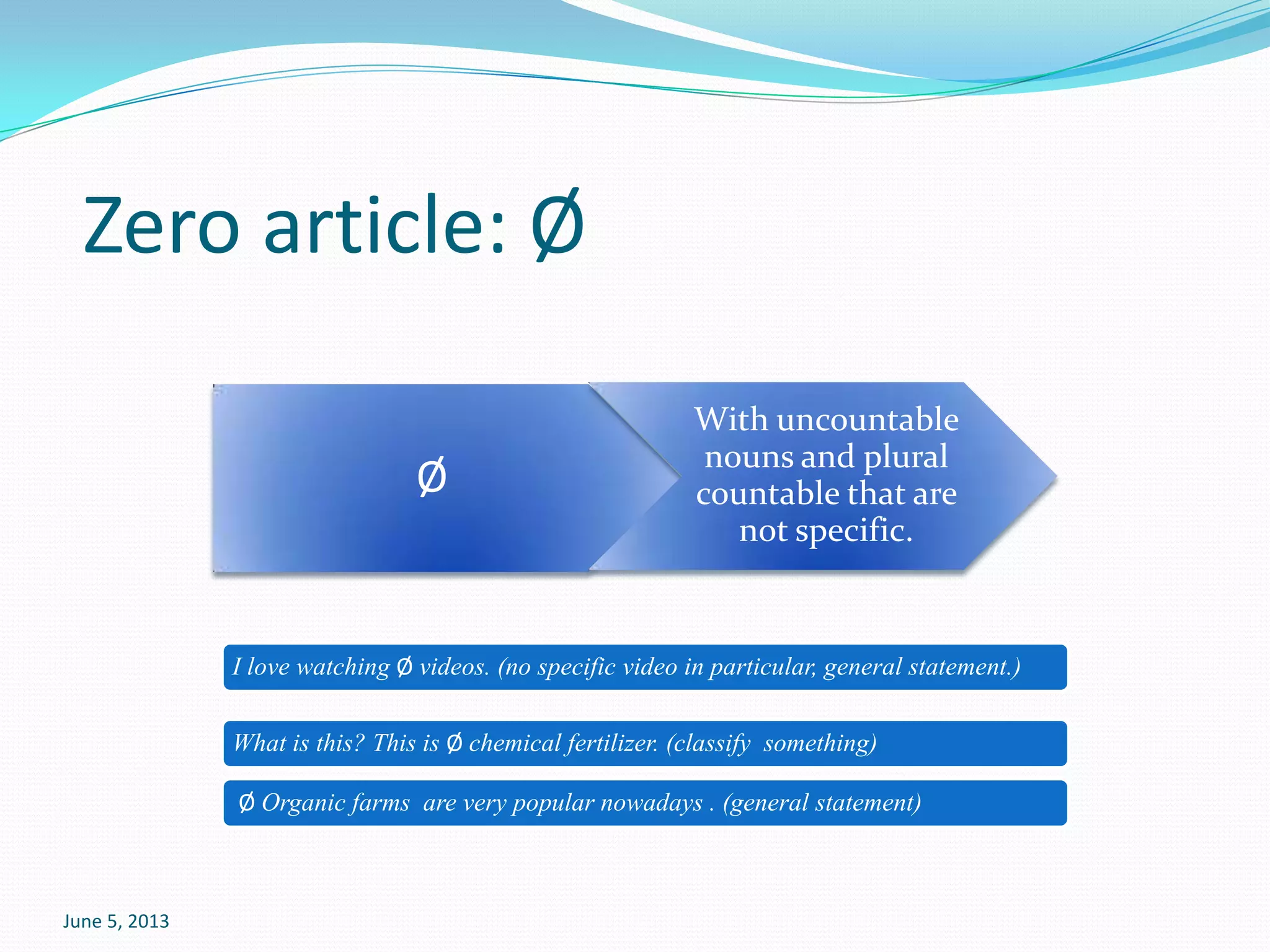 June 5, 2013
Zero article: Ø
Ø
With uncountable
nouns and plural
countable that are
not specific.
I love watching Ø videos. (no specific video in particular, general statement.)
What is this? This is Ø chemical fertilizer. (classify something)
Ø Organic farms are very popular nowadays . (general statement)
 