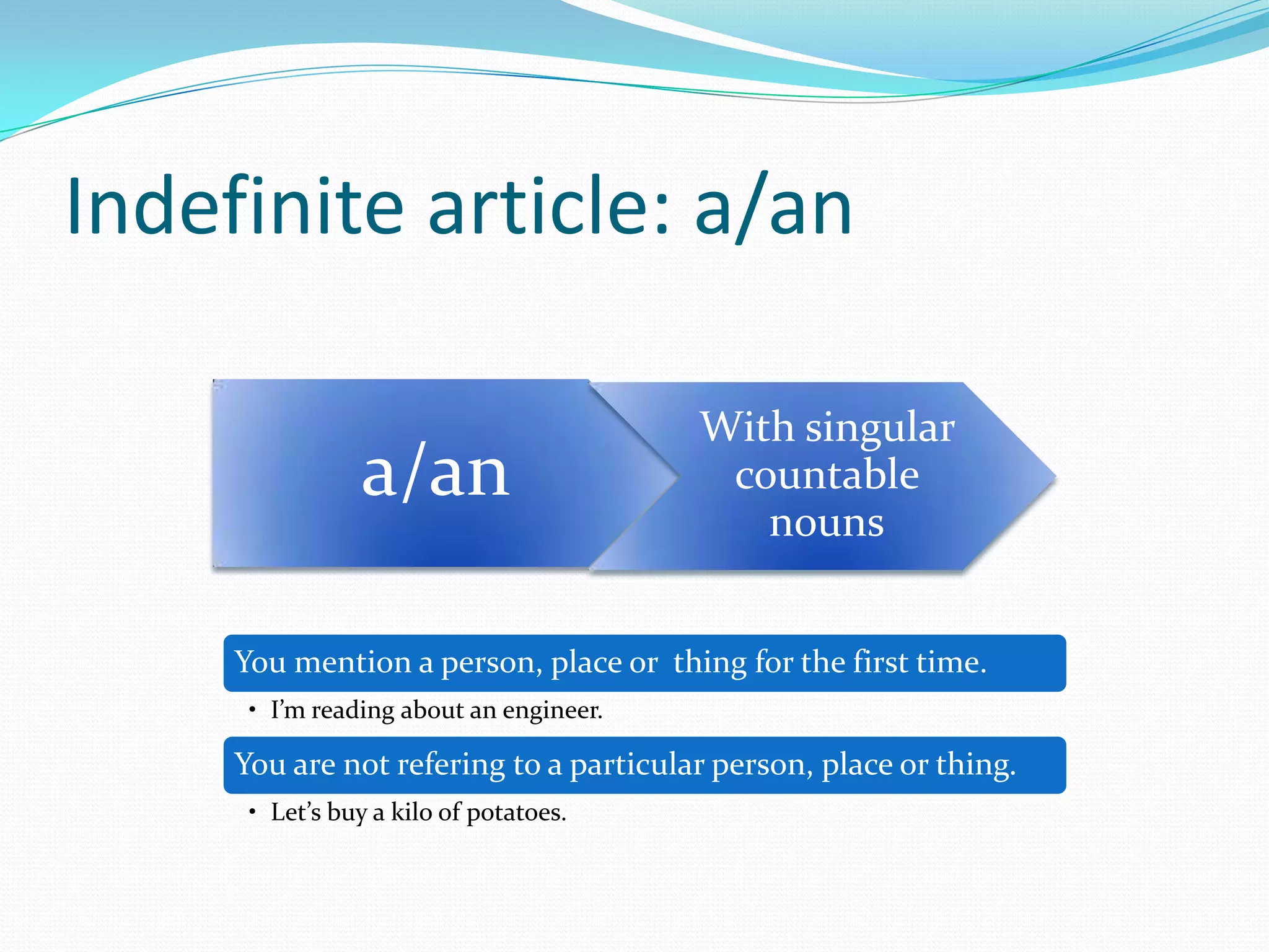 Indefinite article: a/an
a/an
With singular
countable
nouns
You mention a person, place or thing for the first time.
• I’m reading about an engineer.
You are not refering to a particular person, place or thing.
• Let’s buy a kilo of potatoes.
 