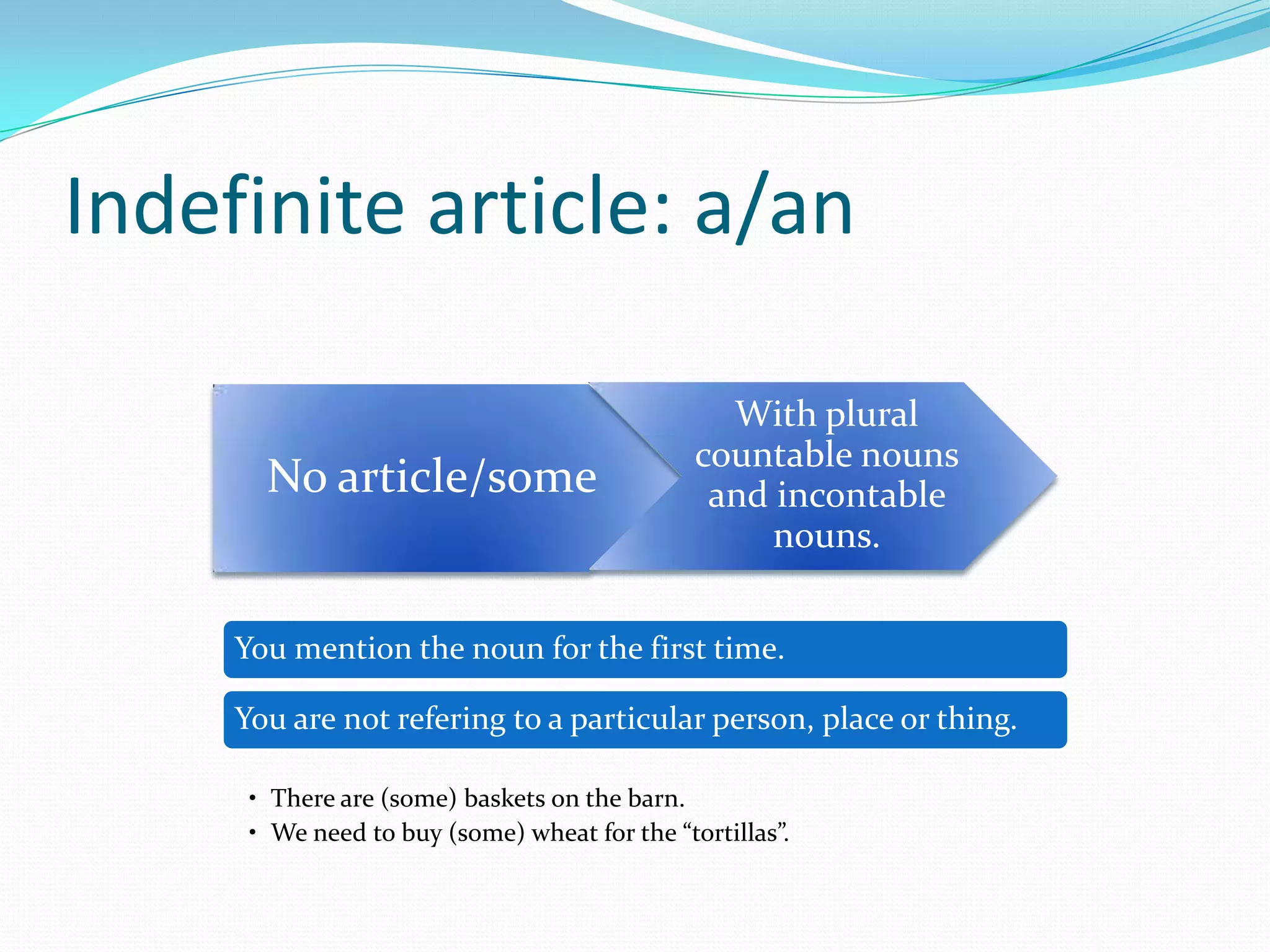 Indefinite article: a/an
No article/some
With plural
countable nouns
and incontable
nouns.
You mention the noun for the first time.
You are not refering to a particular person, place or thing.
• There are (some) baskets on the barn.
• We need to buy (some) wheat for the “tortillas”.
 