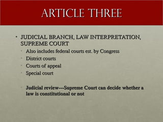 AArrttiiccllee TThhrreeee 
• JJUUDDIICCIIAALL BBRRAANNCCHH,, LLAAWW IINNTTEERRPPRREETTAATTIIOONN,, 
SSUUPPRREEMMEE CCOOUURRTT 
• AAllssoo iinncclluuddeess ffeeddeerraall ccoouurrttss eesstt.. bbyy CCoonnggrreessss 
• DDiissttrriicctt ccoouurrttss 
• CCoouurrttss ooff aappppeeaall 
• SSppeecciiaall ccoouurrtt 
• JJuuddiicciiaall rreevviieeww------SSuupprreemmee CCoouurrtt ccaann ddeecciiddee wwhheetthheerr aa 
llaaww iiss ccoonnssttiittuuttiioonnaall oorr nnoott 
 