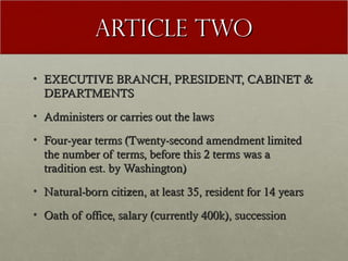 AArrttiiccllee ttwwoo 
• EEXXEECCUUTTIIVVEE BBRRAANNCCHH,, PPRREESSIIDDEENNTT,, CCAABBIINNEETT && 
DDEEPPAARRTTMMEENNTTSS 
• AAddmmiinniisstteerrss oorr ccaarrrriieess oouutt tthhee llaawwss 
• FFoouurr--yyeeaarr tteerrmmss ((TTwweennttyy--sseeccoonndd aammeennddmmeenntt lliimmiitteedd 
tthhee nnuummbbeerr ooff tteerrmmss,, bbeeffoorree tthhiiss 22 tteerrmmss wwaass aa 
ttrraaddiittiioonn eesstt.. bbyy WWaasshhiinnggttoonn)) 
• NNaattuurraall--bboorrnn cciittiizzeenn,, aatt lleeaasstt 3355,, rreessiiddeenntt ffoorr 1144 yyeeaarrss 
• OOaatthh ooff ooffffiiccee,, ssaallaarryy ((ccuurrrreennttllyy 440000kk)),, ssuucccceessssiioonn 
 