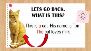 LETS GO BACK.
WHAT IS THIS?
This is a cat. His name is Tom.
The cat loves milk.
 