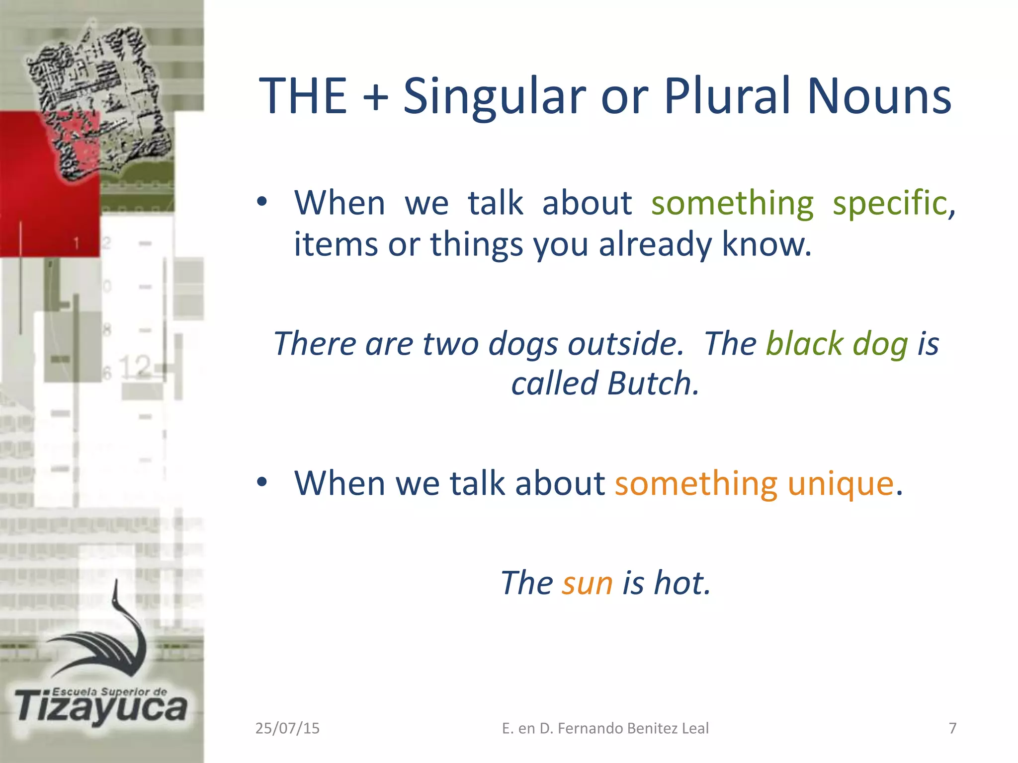 THE + Singular or Plural Nouns
• When we talk about something specific,
items or things you already know.
There are two dogs outside. The black dog is
called Butch.
• When we talk about something unique.
The sun is hot.
25/07/15 E. en D. Fernando Benitez Leal 7
 