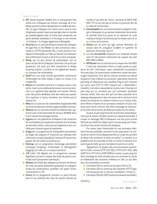 Suite de la page 15
■   SET (Social Engineer Toolkit) est un outil pouvant être              monde et qui offre de « faux » services de DHCP, POP,
    utilisé lors d’attaques qui tireront avantage de la fai-             DNS, FTP. Le but est que la victime s’y branche afin de
    blesse que les humains représentent en matière de sécu-              lui voler de l’information.
    rité. Ce type d’attaques est mieux connu sous le nom              ■ Karmetasploit est une version de Karma adapté et inté-
    d’ingénierie sociale. Il peut par exemple créer un courriel          gré à Metasploit et qui permet notamment de prendre
    qui semble légitime avec un fichier joint contenant une              le contrôle total d’un poste en lui injectant du code
    porte dérobée (backdoor) et l’envoyer à une victime                  malicieux lorsqu’il se branche par le réseau sans fil, et
    « à l’interne ». Il s’intègre également à Metasploit.                ce, à l’insu de la victime.
■   SSLstrip est un outil permettant de faire des attaques            ■ Kismet est un outil qui agit comme détecteur de
    de type Man in the Middle sur des connexions sécu-                   réseau sans fil, analyseur (sniffer) et système de
    risées en HTTPS (protocole SSL). L’outil permet à l’at-              détection d’intrusion sans fil.
    taquant d’intercepter un trafic qui devrait normalement           ■ La suite Aircrack-NG comprend une multitude d’outils
    être chiffré bout en bout et de le lire ou de le manipuler.          sans fil. Elle permet notamment de craquer des clés
■   Nmap, qui n’a plus besoin de présentation, est un                    WEP, WPA et WPA2.
    (pour ne pas dire le) balayeur (scanneur) de ports par            ■ WEPbuster est un outil servant à craquer des clés WEP.
    excellence. Cet outil, qui offre maintenant le Nmap                  Il n’est pas nécessaire d’être un super pirate ou quel-
    Scripting Engine3, a évolué et est également devenu           qu’un de très « technique » pour comprendre la puissance
    un scanneur de vulnérabilité.                                 d’un pwn plug. Cet arsenal peut visiblement causer des dom-
■   Dsniff est une suite d’outils permettant notamment            mages importants. Pour être en mesure d’utiliser cet attirail
    d’intercepter du trafic réseau. Il opère au niveau 2 du       de guerre, il faut d’abord s’y connecter. Cependant, comme le
    modèle OSI.                                                   pwn plug ne répond pas aux requêtes Ping et qu’il n’écoute
■   Netcat est considéré comme le « couteau suisse » des          sur aucun port (TCP et UDP) lorsqu’il est « indétectable »
    outils. Il sert à une multitude de choses comme se bran-      (stealth), il est alors impossible de s’y brancher. C’est donc le
    cher à un système (par exemple une session Telnet),           pwn plug qui se connecte par une connexion renversée
    créer des portes dérobées, faire des relais pour passer       (reverse shell). Cela veut dire qu’il est donc possible de le
    d’un système à l’autre, transférer des fichiers par le        déployer physiquement dans les locaux de la victime et de le
    réseau, etc.                                                  laisser se connecter en utilisant Internet ou un réseau cellu-
■   Nikto est un scanneur de vulnérabilité d’application Web      laire. Même si l’option de la connexion cellulaire est plus coû-
    qui tente de découvrir certains types de failles connues.     teuse que l’accès Internet, elle offre l’avantage de contourn-
■   Nbtscan est un scanneur tentant de détecter des sys-          er tous les mécanismes de défense en place sur le réseau.
    tèmes avec la fonctionnalité de serveur NetBIOS dans                 De plus, le pwn plug tente de se brancher automatique-
    le but trouver des partages réseau.                           ment par le réseau cellulaire toutes les soixante secondes. Il
■   Inguma est une plateforme d’attaque et de recherche           envoie un message SMS à l’attaquant une fois qu’un tunnel
    de vulnérabilité principalement orientée vers les bases       SSH (secure shell) est établi à partir du pwn plug vers l’infra-
    de données Oracle, mais pouvant également être uti-           structure d’où seront lancées les attaques.
    lisée pour d’autres types de systèmes.                               Par contre, dans l’éventualité où une connexion cellu-
■   Scapy est un programme de manipulation permettant             laire n’est pas possible, comment le pwn plug peut-il se con-
    de forger des paquets IP. Il pourrait par exemple, être       necter en sortie s’il est déployé derrière un coupe-feu qui filtre
    utilisé pour usurper (spoofing) l’adresse IP source d’un      de façon très restrictive le trafic en sortie ? La solution à ce
    paquet afin de cacher sa provenance.                          problème est de camoufler le trafic en sortie à l’intérieur d’un
■   Ettercap est un programme multiusage permettant               autre type de trafic qui est normalement permis en sortie.
    d’analyser (sniffing), d’intercepter et d’enregistrer                Typiquement, la plupart des environnements permet-
    (logging) du trafic sur un réseau commuté.                    tent le trafic comme HTTP (TCP 80), HTTPS (TCP 443), DNS
■   JTR (John The Ripper) est un programme presque                (UDP 53 ou TCP 53) ou ICMP (PING) en sortie. Le pwn plug tire
    légendaire servant à craquer des mots de passe à par-         donc avantage de cette situation pour se connecter en sortie
    tir des hash (empreinte numérique).                           en établissant des sessions chiffrées en SSH, ce qui offre
■   Medusa sert à faire des attaques qui tentent de deviner       donc les possibilités suivantes :
    les mots de passe (password guessing) en essayant                 ■ Connexion SSH en sortie par les ports 443 et 53;
    toutes les combinaisons possibles une après l’autre,              ■ Connexion SSH en sortie par des requêtes HTTP (capa-
    contrairement à JTR.                                                 cité de passer par un serveur mandataire « Proxy ») ;
■   Karma est un programme simulant un point d’accès                  ■ Connexion SSH par ICMP (toutes les soixante secondes).
    sans fil qui prétend être tous les points d’accès du
                                                                  EXEMPLE                                          Suite en page 17

                                                                                                     Mai l Juin 2011 SÉCUS | 16 |
 