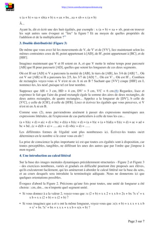 http://www.uneeducationpourdemain.org
Page 3 sur 8
C'est la prise de conscience du fait que, quelles que soient les mesures de [AD], [AV] et [AB],
la relation entre les trois aires est permanente, qui va le permettre.
Appelez 𝑥 la longueur de [AD], 𝑎 celle de [AV] et 𝑏 celle de [VB]. Quels segments de la
figure sont aussi de longueur 𝑥 ? de longueur 𝑎 ? de longueur 𝑏 ? Exprimez la relation entre
les trois aires au moyen de 𝑥, 𝑎 𝑒𝑡 𝑏, et de huit manières différentes :
𝑥(𝑎 + 𝑏) = 𝑥𝑎 + 𝑥𝑏 (𝑎 + 𝑏)𝑥 = 𝑎𝑥 + 𝑏𝑥 … 𝑥𝑎 + 𝑥𝑏 = 𝑥(𝑎 + 𝑏)
Ayant lu, dit et écrit une des huit égalités, par exemple 𝑥(𝑎 + 𝑏) = 𝑥𝑎 + 𝑥𝑏, peut-on trouver
les sept autres sans évoquer ni "lire" la figure ? Et au moyen de quelles propriétés de
l'addition et de la multiplication (5)
?
3. Double distributivité (Figure 3)
De même que vous avez lié les mouvements de V, de V' et de [VV'], liez maintenant selon les
mêmes contraintes ceux de H, point appartenant à [AD], de H', point appartenant à [BC], et de
[HH'].
Imaginez maintenant que V et H soient en A, et que V mette le même temps pour parcourir
[AB] que H pour parcourir [AD], quelles que soient les longueurs de ces deux segments.
Où est H sur [AD] si V a parcouru la moitié de [AB], le tiers de [AB], les 3/4 de [AB] ?... Où
est V sur [AB] si H a parcouru les 2/5, les 3/7 de [AD] ?... Où est V'... Où est H'... Combien
de rectangles voyez-vous si V n'est ni en A ni en B ? Sachant que [VV'] coupe [HH'] en I,
nommez-les, les neuf, puisque tel est leur nombre.
Supposez que AH = 3 cm, HD = 4 cm, DV' = 5 cm, V'C = 6 cm.(6)
Regardez, lisez et exprimez
le fait que l'aire du grand rectangle égale la somme des aires de deux rectangles, de deux
autres rectangles, de quatre rectangles... Appelez 𝑎 la longueur de [DV'], 𝑏 celle de [V'C], 𝑐
celle de [CH'], 𝑑 celle de [H'B]. Lisez et écrivez les égalités que vous percevez, si V n'est ni
en A ni en B.
Comme sous (2), nous parviendrons aisément à passer des expressions numériques aux
expressions littérales, de l'expression de cas particuliers à celle de tous les cas...
(𝑎 + 𝑏)(𝑐 + 𝑑) = 𝑎(𝑐 + 𝑑) + 𝑏(𝑐 + 𝑑)
(𝑎 + 𝑏)(𝑐 + 𝑑) = (𝑎 + 𝑏)𝑐 + (𝑎 + 𝑏)𝑑
(𝑎 + 𝑏)(𝑐 + 𝑑) = 𝑎𝑐 + 𝑎𝑑 + 𝑏𝑐 + 𝑏𝑑
(𝑐 + 𝑑)(𝑏 + 𝑎) = 𝑐𝑏 + 𝑐𝑎 + 𝑑𝑏 + 𝑑𝑎
𝑎(𝑐 + 𝑑) + 𝑏(𝑐 + 𝑑) = (𝑎 + 𝑏)(𝑐 + 𝑑)
(𝑎 + 𝑏)𝑐 + (𝑎 + 𝑏) = ⋯
𝑎𝑐 + 𝑎𝑑 + 𝑏𝑐 + 𝑏𝑑 = ⋯
𝑐𝑏 + 𝑐𝑎 + 𝑑𝑏 + 𝑑𝑎 =. ..
Les différentes formes de l'égalité sont plus nombreuses ici. Écrivez-les toutes ou/et
déterminez-en le nombre si le cœur vous en dit !
La prise de conscience la plus importante ici est que toutes ces égalités sont à disposition, car
toutes perceptibles, tangibles, ne différant les unes des autres que par l'ordre que j'impose à
mon regard.
 