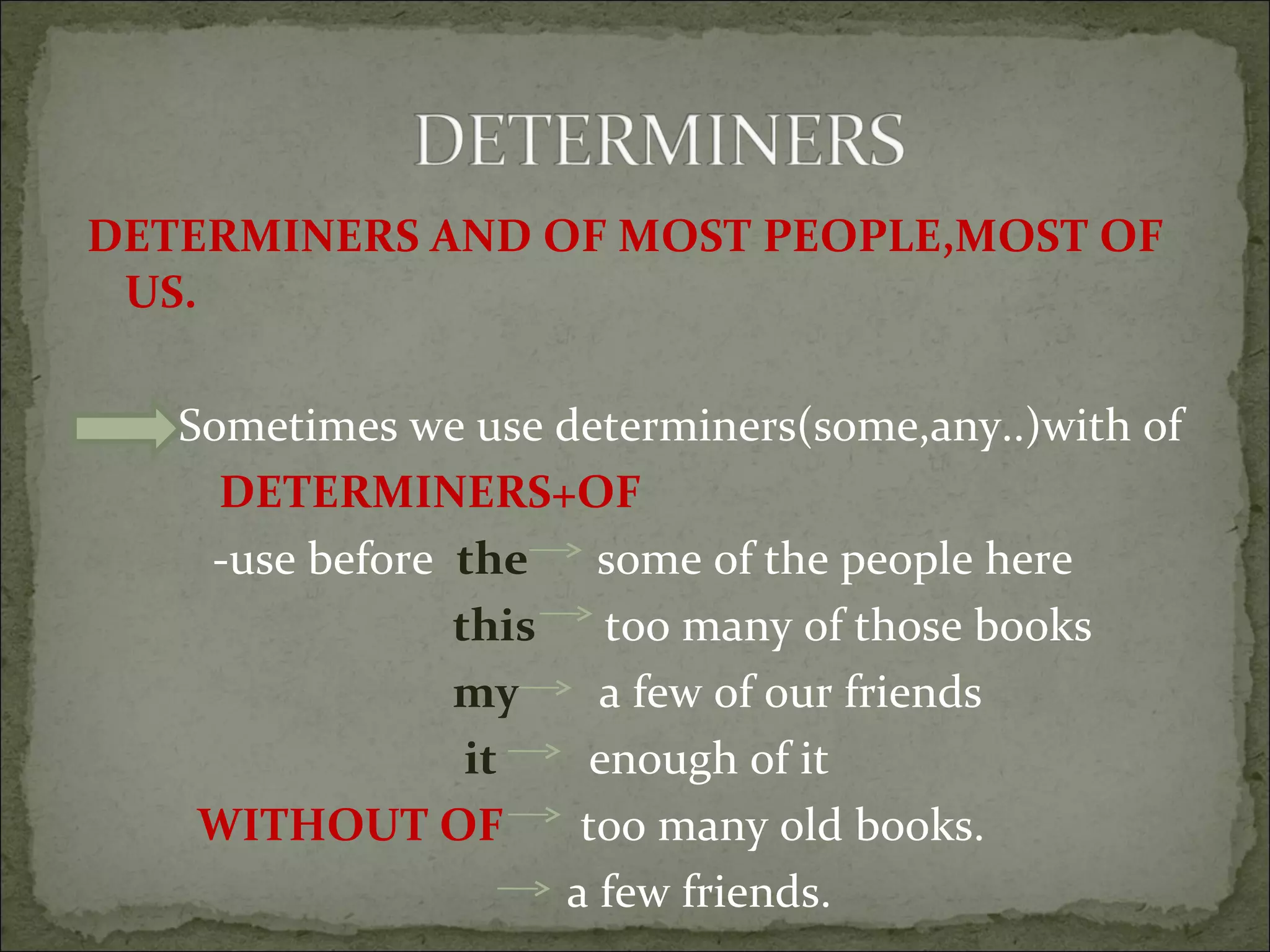 DETERMINERS AND OF MOST PEOPLE,MOST OF US. Sometimes we use determiners(some,any..)with of DETERMINERS+OF  -use before  the   some of the people here this   too many of those books my   a few of our friends it   enough of it WITHOUT OF  too many old books. a few friends. 