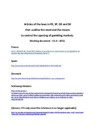 Articles of the laws in FR, SP, DK and SH
that outline the need and the means
to control the opening of gambling markets.
Working document - V1.0 – 2013.
France
LOI n° 2010-476 du 12 mai 2010 relative à l'ouverture à la concurrence et à la régulation du
secteur des jeux d'argent et de hasard en ligne (1)
Spain
http://www.boe.es/boe/dias/2011/05/28/pdfs/BOE-A-2011-9280.pdf
Denmark
http://www.ft.dk/samling/20091/lovforslag/l202/html_som_vedtaget.htm
Schleswig-Holstein
http://www.gesetze-
rechtsprechung.sh.juris.de/jportal/portal/t/vej/page/bsshoprod.psml?pid=Dokumentanzeige&sho
wdoccase=1&js_peid=Trefferliste&documentnumber=5&numberofresults=5&fromdoctodoc=yes&
doc.id=jlr-GlSpielGSHrahmen%3Ajuris-lr00&doc.part=X&doc.price=0.0&doc.hl=1#jlr-
GlSpielGSHpP30
[Greece ; FYI only since this reference is no longer applicable]
http://ec.europa.eu/enterprise/tris/pisa/app/search/index.cfm?fuseaction=pisa_notif_overview&
iYear=2011&inum=166&lang=EN&sNLang=EN
 