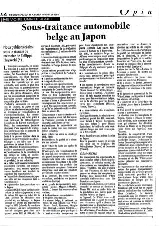 Article - Sous-traitance belge au Japon - L'Echo - 18 juillet 1992