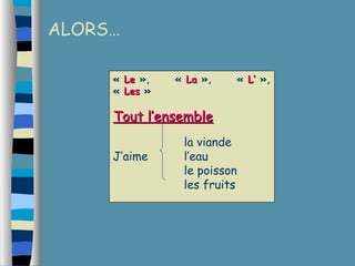 ALORS… 
« LLee », « LLaa », « LL’’ », 
« LLeess » 
TToouutt ll’’eennsseemmbbllee 
la viande 
J’aime l’eau 
le poisson 
les fruits 
 