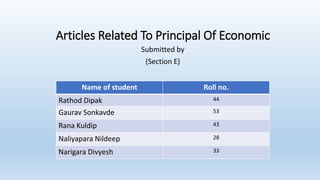 Articles Related To Principal Of Economic
Submitted by
(Section E)
Name of student Roll no.
Rathod Dipak 44
Gaurav Sonkavde 53
Rana Kuldip 43
Naliyapara Nildeep 28
Narigara Divyesh 33
 