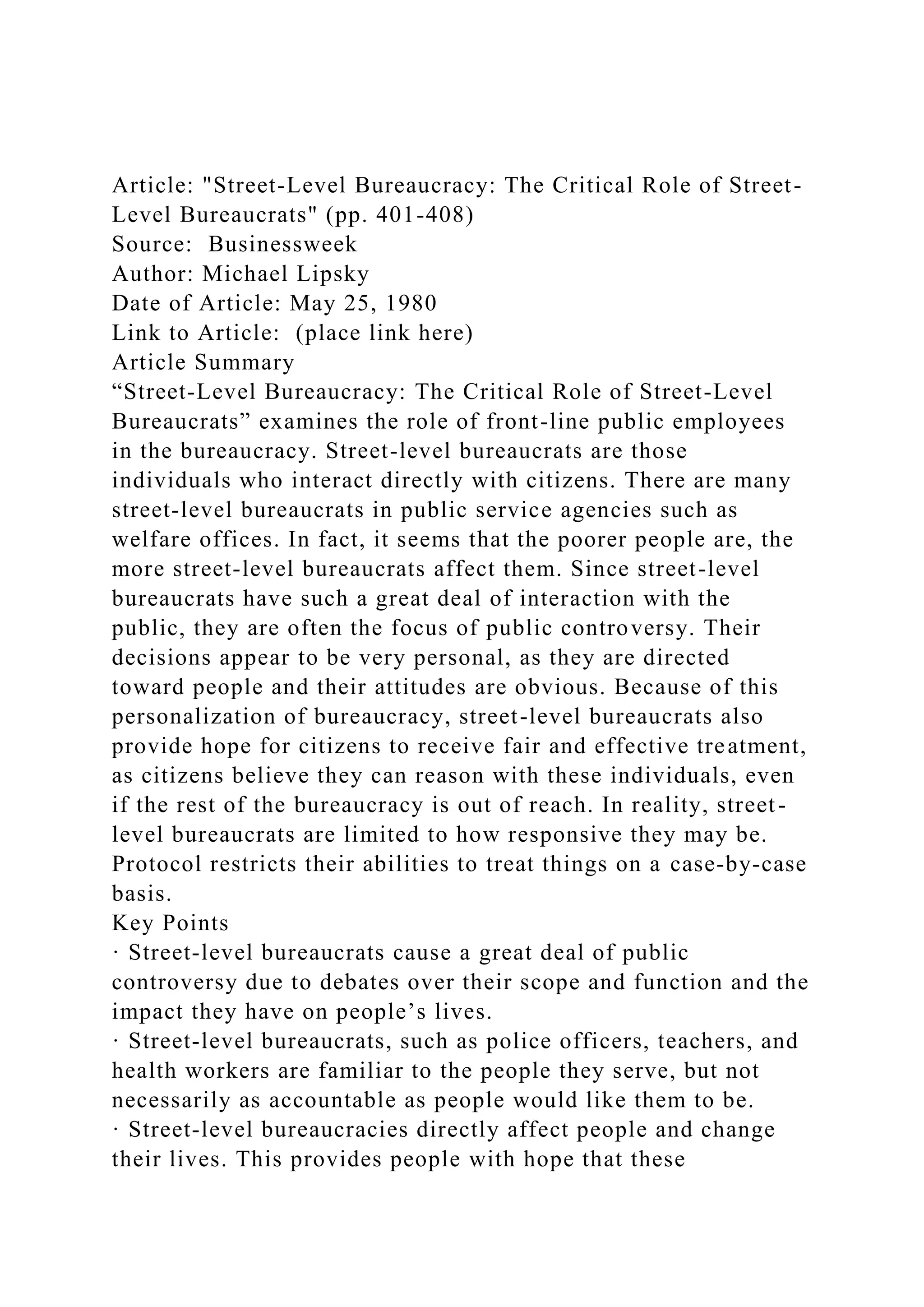 Article StreetLevel Bureaucracy The Critical Role of StreetLe.docx