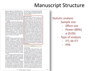 Manuscript Structure
Statistic analysis
- Sample size
- Effect size
- Power (80%)
- α (0.05)
- Type of analysis
- ITT, M-ITT
- PPA
 