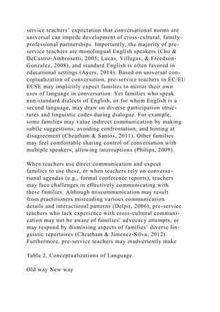 service teachers’ expectation that conversational norms are
universal can impede development of cross-cultural, family–
professional partnerships. Importantly, the majority of pre-
service teachers are monolingual English speakers (Cho &
DeCastro-Ambrosetti, 2005; Lucas, Villegas, & Freedson-
Gonzalez, 2008), and standard English is often favored in
educational settings (Ayers, 2014). Based on universal con-
ceptualization of conversation, pre-service teachers in EC/EI/
ECSE may implicitly expect families to mirror their own
uses of language in conversation. Yet families who speak
non-standard dialects of English, or for whom English is a
second language, may draw on diverse participation struc-
tures and linguistic codes during dialogue. For example,
some families may value indirect communication by making
subtle suggestions, avoiding confrontation, and hinting at
disagreement (Cheatham & Santos, 2011). Other families
may feel comfortable sharing control of conversation with
multiple speakers, allowing interruptions (Philips, 2009).
When teachers use direct communication and expect
families to use these, or when teachers rely on conversa-
tional agendas (e.g., formal conference reports), teachers
may face challenges in effectively communicating with
these families. Although miscommunication may result
from practitioners misreading various communication
details and interactional patterns (Delpit, 2006), pre-service
teachers who lack experience with cross-cultural communi-
cation may not be aware of families’ advocacy attempts, or
may respond by dismissing aspects of families’ diverse lin-
guistic repertoires (Cheatham & Jimenez-Silva, 2012).
Furthermore, pre-service teachers may inadvertently make
Table 2. Conceptualizations of Language.
Old way New way
 
