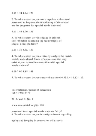 5.89 1.54 4.94 1.78
2. To what extent do you work together with school
personnel to improve the functioning of the school
and its programs for special needs students?
6.11 1.45 5.76 1.35
3. To what extent do you engage in critical
self-reflection regarding the requirements of
special needs students?
6.11 1.36 5.76 1.39
4. To what extent do you critically analyze the racial,
social, and cultural forms of oppression that may
exist at your school in connection with special
needs students?
6.00 2.00 4.88 1.41
5. To what extent do you ensure that school 6.33 1.41 6.12 1.22
International Journal of Education
ISSN 1948-5476
2013, Vol. 5, No. 4
www.macrothink.org/ije 198
personnel treat special needs students fairly?
6. To what extent do you investigate issues regarding
equity and inequity in connection with special
 