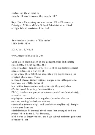 students at the district or
state level, more even at the state level.”
Key: EA – Elementary Administrator; EP – Elementary
Principal; MSA – Middle School Administrator; HSAP
– High School Assistant Principal
International Journal of Education
ISSN 1948-5476
2013, Vol. 5, No. 4
www.macrothink.org/ije 204
Upon close examination of the coded themes and sample
statements, we can see that the
school leaders’ responses were related to supporting special
needs students in a variety of
areas where they felt these students were experiencing the
greatest challenges. These
included classes (intervention), unique needs (Response to
Intervention - RtI), forms of
instruction (communication), access to the curriculum
(Professional Learning Communities -
PLCs), teacher and parent concerns (special needs students),
school access
(equity/accommodations), regular education classes
(mainstreaming/inclusion), teacher
connection (community), and services (compliance). Sample
statements from the
administrators illustrated the themes that emerged and are
presented in Table 2. For instance,
in the area of interventions, the high school assistant principal
mentioned that
 