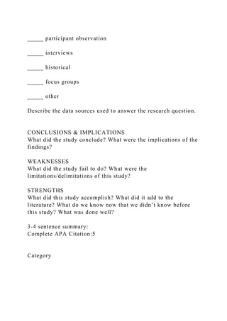 _____ participant observation
_____ interviews
_____ historical
_____ focus groups
_____ other
Describe the data sources used to answer the research question.
CONCLUSIONS & IMPLICATIONS
What did the study conclude? What were the implications of the
findings?
WEAKNESSES
What did the study fail to do? What were the
limitations/delimitations of this study?
STRENGTHS
What did this study accomplish? What did it add to the
literature? What do we know now that we didn’t know before
this study? What was done well?
3-4 sentence summary:
Complete APA Citation:5
Category
 