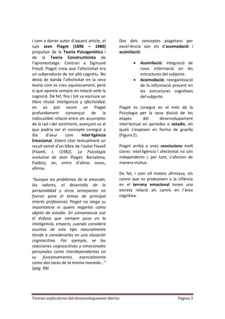 I com a darrer autor d’aquest article, el      Dos dels conceptes piagetans per
suïs Jean Piaget (1896 – 1980)                 excel·lència són els d’acomodació i
propulsor de la Teoria Psicogenètica i         assimilació:
de la Teoria Constructivista de
l’aprenentatge. Contrari a Sigmund                         Assimilació: integració de
Freud, Piaget creia que l’afectivitat era                  nova informació en les
un subproducte de tot allò cognitiu. No                    estructures del subjecte.
deixà de banda l’afectivitat en la seva                    Acomodació: reorganització
teoria com es creu equívocament, però                      de la informació present en
si que apareix sempre en relació amb la                    les estructures cognitives
cognició. De fet, fins i tot va escriure un                del subjecte.
llibre titulat Inteligencia y afectividad,
on es pot veure un Piaget                      Piaget és conegut en el món de la
profundament convençut de la                   Psicologia per la seva divisió de les
indiscutible relació entre els assumptes       etapes        del     desenvolupament
de la raó i del sentiment, avançant-se al      intel·lectual en períodes o estadis, els
que podria ser el concepte conegut a           quals s’exposen en forma de graella
dia      d’avui     com       Intel·ligència   (Figura 2).
Emocional. Volem citar textualment un
recull extret d’un llibre de l’autor Flavell   Piaget arribà a unes conclusions molt
(Flavell, J. (1982). La Psicología             clares: intel·ligència i afectivitat no són
evolutiva de Jean Piaget. Barcelona,           independents i, per tant, s’afecten de
Paidós), on, entre d’altres coses,             manera mútua.
afirma:
                                               De fet, i com ell mateix afirmava, els
“Aunque los problemas de la emoción,           canvis que es produeixen a la infància
los valores, el desarrollo de la               en el terreny emocional tenen una
personalidad y otros semejantes no             estreta relació als canvis en l’àrea
fueron para él temas de principal              cognitiva.
interés profesional, Piaget no niega su
importancia ni quiere negarlos como
objeto de estudio. En consonancia con
el énfasis que siempre puso en la
inteligencia, empero, cuando considera
asuntos de este tipo naturalmente
tiende a considerarlos en una situación
cognoscitiva. Por ejemplo, ve las
reacciones cognoscitivas y emocionales
personales como interdependientes en
su funcionamiento, esencialmente
como dos caras de la misma moneda...”
(pág. 99)




Teories explicatives del desenvolupament afectiu                                 Pàgina 3
 