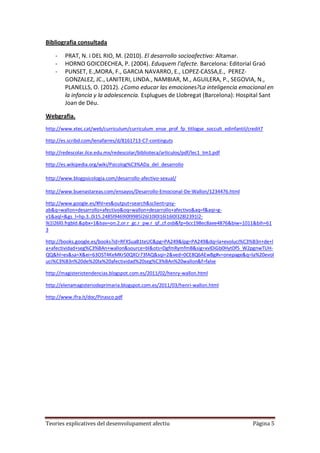 Bibliografia consultada

    -   PRAT, N. i DEL RIO, M. (2010). El desarrollo socioafectivo: Altamar.
    -   HORNO GOICOECHEA, P. (2004). Eduquem l’afecte. Barcelona: Editorial Graó
    -   PUNSET, E.,MORA, F., GARCIA NAVARRO, E., LOPEZ-CASSA,E., PEREZ-
        GONZALEZ, JC., LANITERI, LINDA., NAMBIAR, M., AGUILERA, P., SEGOVIA, N.,
        PLANELLS, O. (2012). ¿Como educar las emociones?La inteligencia emocional en
        la infancia y la adolescencia. Esplugues de Llobregat (Barcelona): Hospital Sant
        Joan de Déu.

Webgrafia.
http://www.xtec.cat/web/curriculum/curriculum_ense_prof_fp_titlogse_soccult_edinfantil/credit7

http://es.scribd.com/lenafarres/d/8161713-C7-continguts

http://redescolar.ilce.edu.mx/redescolar/biblioteca/articulos/pdf/lec1_tm1.pdf

http://es.wikipedia.org/wiki/Psicolog%C3%ADa_del_desarrollo

http://www.blogpsicologia.com/desarrollo-afectivo-sexual/

http://www.buenastareas.com/ensayos/Desarrollo-Emocional-De-Wallon/1234476.html

http://www.google.es/#hl=es&output=search&sclient=psy-
ab&q=wallon+desarrollo+afectivo&oq=wallon+desarrollo+afectivo&aq=f&aqi=g-
v1&aql=&gs_l=hp.3..0i15.2485l9469l0l9985l26l10l0l16l16l0l328l2391l2-
9j1l26l0.frgbld.&pbx=1&bav=on.2,or.r_gc.r_pw.r_qf.,cf.osb&fp=6cc198ec8aee4876&biw=1011&bih=61
3

http://books.google.es/books?id=RFXSuaB1teUC&pg=PA249&lpg=PA249&dq=la+evoluci%C3%B3n+de+l
a+afectividad+seg%C3%BAn+wallon&source=bl&ots=DgfmRymfmB&sig=xvlDiGb0HytDf5_W2pgnwTUH-
QQ&hl=es&sa=X&ei=63OST4KeMKrS0QXCr73fAQ&sqi=2&ved=0CE8Q6AEwBg#v=onepage&q=la%20evol
uci%C3%B3n%20de%20la%20afectividad%20seg%C3%BAn%20wallon&f=false

http://magisteriotendencias.blogspot.com.es/2011/02/henry-wallon.html

http://elenamagisteriodeprimaria.blogspot.com.es/2011/03/henri-wallon.html

http://www.ifra.it/doc/Pinasco.pdf




Teories explicatives del desenvolupament afectiu                                         Pàgina 5
 
