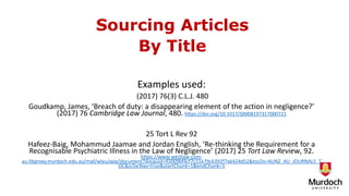 Sourcing Articles
By Title
Examples used:
(2017) 76(3) C.L.J. 480
Goudkamp, James, ‘Breach of duty: a disappearing element of the action in negligence?’
(2017) 76 Cambridge Law Journal, 480. https://doi.org/10.1017/S0008197317000721
25 Tort L Rev 92
Hafeez-Baig, Mohammud Jaamae and Jordan English, ‘Re-thinking the Requirement for a
Recognisable Psychiatric Illness in the Law of Negligence’ (2017) 25 Tort Law Review, 92.
https://www-westlaw-com-
au.libproxy.murdoch.edu.au/maf/wlau/app/document?docguid=If2009bf4cf7c11e79c6392f7a6424d52&tocDs=AUNZ_AU_JOURNALS_T
OC&isTocNav=true&startChunk=1&endChunk=1
 