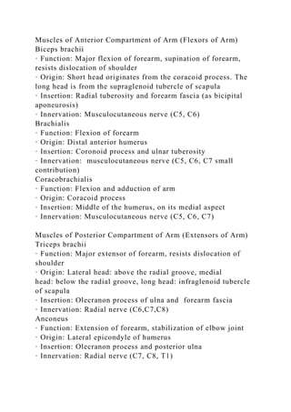 Muscles of Anterior Compartment of Arm (Flexors of Arm)
Biceps brachii
· Function: Major flexion of forearm, supination of forearm,
resists dislocation of shoulder
· Origin: Short head originates from the coracoid process. The
long head is from the supraglenoid tubercle of scapula
· Insertion: Radial tuberosity and forearm fascia (as bicipital
aponeurosis)
· Innervation: Musculocutaneous nerve (C5, C6)
Brachialis
· Function: Flexion of forearm
· Origin: Distal anterior humerus
· Insertion: Coronoid process and ulnar tuberosity
· Innervation: musculocutaneous nerve (C5, C6, C7 small
contribution)
Coracobrachialis
· Function: Flexion and adduction of arm
· Origin: Coracoid process
· Insertion: Middle of the humerus, on its medial aspect
· Innervation: Musculocutaneous nerve (C5, C6, C7)
Muscles of Posterior Compartment of Arm (Extensors of Arm)
Triceps brachii
· Function: Major extensor of forearm, resists dislocation of
shoulder
· Origin: Lateral head: above the radial groove, medial
head: below the radial groove, long head: infraglenoid tubercle
of scapula
· Insertion: Olecranon process of ulna and forearm fascia
· Innervation: Radial nerve (C6,C7,C8)
Anconeus
· Function: Extension of forearm, stabilization of elbow joint
· Origin: Lateral epicondyle of humerus
· Insertion: Olecranon process and posterior ulna
· Innervation: Radial nerve (C7, C8, T1)
 