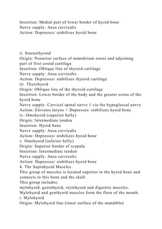 Insertion: Medial part of lower border of hyoid bone
Nerve supply: Ansa cervicalis
Action: Depresses/ stabilizes hyoid bone
ii. Sternothyroid
Origin: Posterior surface of manubrium sterni and adjoining
part of first costal cartilage
Insertion: Oblique line of thyroid cartilage
Nerve supply: Ansa cervicalis
Action: Depresses/ stabilizes thyroid cartilage
iii. Thyrohyoid
Origin: Oblique line of the thyroid cartilage
Insertion: Lower border of the body and the greater cornu of the
hyoid bone
Nerve supply: Cervical spinal nerve 1 via the hypoglossal nerve
Action: Elevates larynx + Depresses/ stabilizes hyoid bone
iv. Omohyoid (superior belly)
Origin: Intermediate tendon
Insertion: Hyoid bone
Nerve supply: Ansa cervicalis
Action: Depresses/ stabilizes hyoid bone
v. Omohyoid (inferior belly)
Origin: Superior border of scapula
Insertion: Intermediate tendon
Nerve supply: Ansa cervicalis
Action: Depresses/ stabilizes hyoid bone
4. The Suprahyoid Muscles
This group of muscles is located superior to the hyoid bone and
connects to this bone and the skull.
This group includes:
mylohyoid, geniohyoid, stylohyoid and digastric muscles.
Mylohyoid and genihyoid muscles form the floor of the mouth.
i. Mylohyoid
Origin: Mylohyoid line (inner surface of the mandible)
 