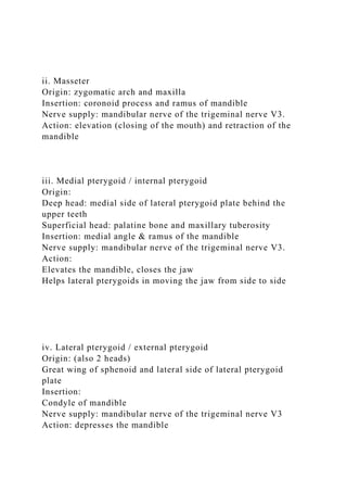 ii. Masseter
Origin: zygomatic arch and maxilla
Insertion: coronoid process and ramus of mandible
Nerve supply: mandibular nerve of the trigeminal nerve V3.
Action: elevation (closing of the mouth) and retraction of the
mandible
iii. Medial pterygoid / internal pterygoid
Origin:
Deep head: medial side of lateral pterygoid plate behind the
upper teeth
Superficial head: palatine bone and maxillary tuberosity
Insertion: medial angle & ramus of the mandible
Nerve supply: mandibular nerve of the trigeminal nerve V3.
Action:
Elevates the mandible, closes the jaw
Helps lateral pterygoids in moving the jaw from side to side
iv. Lateral pterygoid / external pterygoid
Origin: (also 2 heads)
Great wing of sphenoid and lateral side of lateral pterygoid
plate
Insertion:
Condyle of mandible
Nerve supply: mandibular nerve of the trigeminal nerve V3
Action: depresses the mandible
 