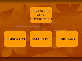 3 BRANCHES
of the
GOVERNMENT

LEGISLATIVE

EXECUTIVE

JUDICIARY

 