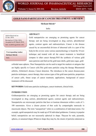 Gold Nano Particles Of Cancer Treatment: A Review | PDF