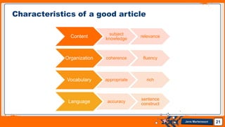 Jens Martensson
Content subject
knowledge
relevance
Organization coherence fluency
Vocabulary appropriate rich
Language accuracy
sentence
construct
21
Characteristics of a good article
 