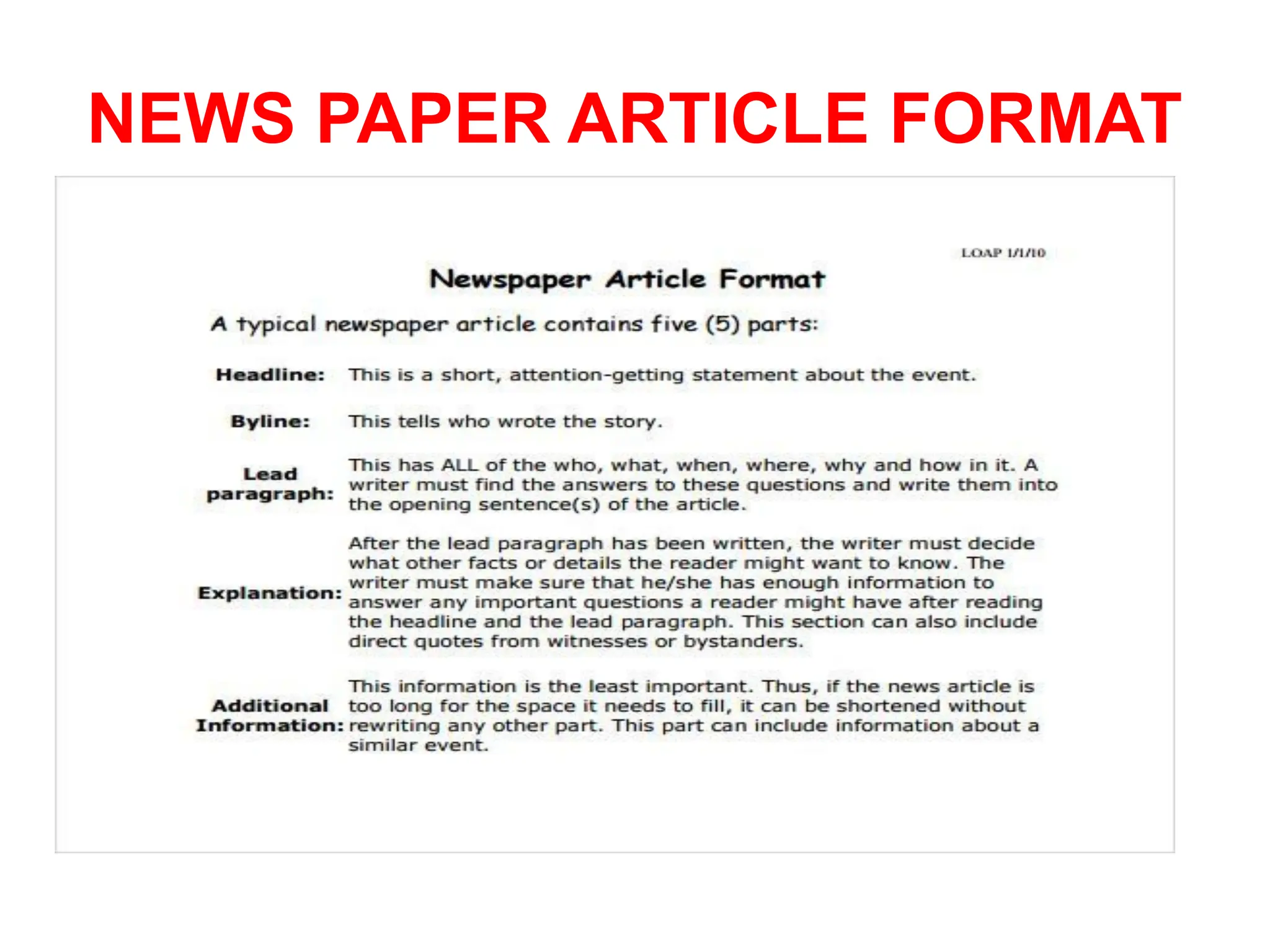 NEWS PAPER ARTICLE FORMAT