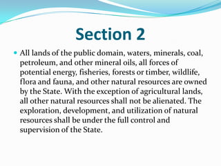 All lands of the public domain, waters, minerals, coal, petroleum, and other mineral oils, all forces of potential energy, fisheries, forests or timber, wildlife, flora and fauna, and other natural resources are owned by the State. With the exception of agricultural lands, all other natural resources shall not be alienated. The exploration, development, and utilization of natural resources shall be under the full control and supervision of the State.Section 2