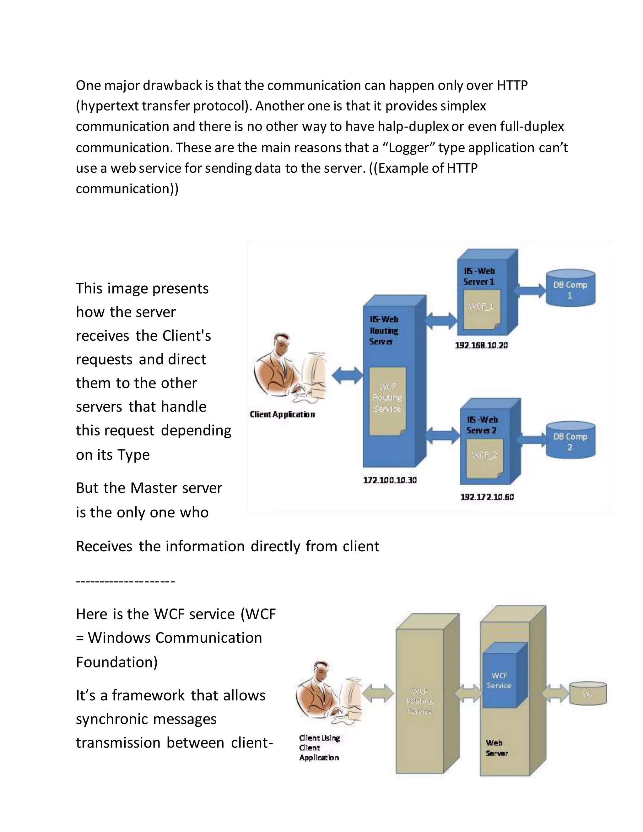 One major drawback is that the communication can happen only over HTTP 
(hypertext transfer protocol). Another one is that it provides simplex 
communication and there is no other way to have halp-duplex or even full-duplex 
communication. These are the main reasons that a “Logger” type application can’t 
use a web service for sending data to the server. ((Example of HTTP 
communication)) 
This image presents 
how the server 
receives the Client's 
requests and direct 
them to the other 
servers that handle 
this request depending 
on its Type 
But the Master server 
is the only one who 
Receives the information directly from client 
-------------------- 
Here is the WCF service (WCF 
= Windows Communication 
Foundation) 
It’s a framework that allows 
synchronic messages 
transmission between client- 
 