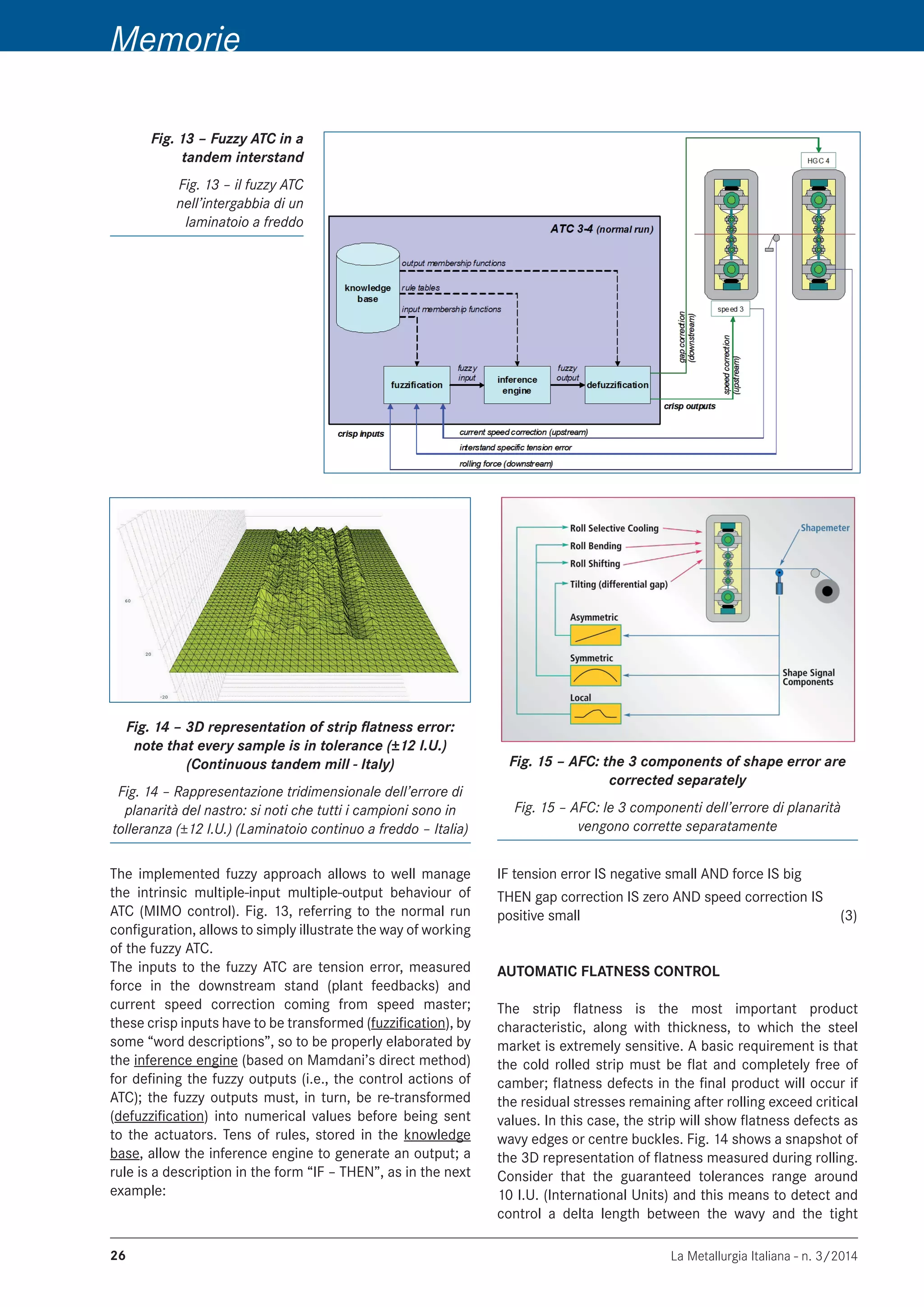La Metallurgia Italiana - n. 3/201426
Memorie
The implemented fuzzy approach allows to well manage
the intrinsic multiple-input multiple-output behaviour of
ATC (MIMO control). Fig. 13, referring to the normal run
configuration, allows to simply illustrate the way of working
of the fuzzy ATC.
The inputs to the fuzzy ATC are tension error, measured
force in the downstream stand (plant feedbacks) and
current speed correction coming from speed master;
these crisp inputs have to be transformed (fuzzification), by
some “word descriptions”, so to be properly elaborated by
the inference engine (based on Mamdani’s direct method)
for defining the fuzzy outputs (i.e., the control actions of
ATC); the fuzzy outputs must, in turn, be re-transformed
(defuzzification) into numerical values before being sent
to the actuators. Tens of rules, stored in the knowledge
base, allow the inference engine to generate an output; a
rule is a description in the form “IF – THEN”, as in the next
example:
Fig. 13 – Fuzzy ATC in a
tandem interstand
Fig. 13 – il fuzzy ATC
nell’intergabbia di un
laminatoio a freddo
Fig. 14 – 3D representation of strip flatness error:
note that every sample is in tolerance (±12 I.U.)
(Continuous tandem mill - Italy)
Fig. 14 – Rappresentazione tridimensionale dell’errore di
planarità del nastro: si noti che tutti i campioni sono in
tolleranza (±12 I.U.) (Laminatoio continuo a freddo – Italia)
IF tension error IS negative small AND force IS big
THEN gap correction IS zero AND speed correction IS
positive small 	 (3)
AUTOMATIC FLATNESS CONTROL
The strip flatness is the most important product
characteristic, along with thickness, to which the steel
market is extremely sensitive. A basic requirement is that
the cold rolled strip must be flat and completely free of
camber; flatness defects in the final product will occur if
the residual stresses remaining after rolling exceed critical
values. In this case, the strip will show flatness defects as
wavy edges or centre buckles. Fig. 14 shows a snapshot of
the 3D representation of flatness measured during rolling.
Consider that the guaranteed tolerances range around
10 I.U. (International Units) and this means to detect and
control a delta length between the wavy and the tight
Fig. 15 – AFC: the 3 components of shape error are
corrected separately
Fig. 15 – AFC: le 3 componenti dell’errore di planarità
vengono corrette separatamente
 