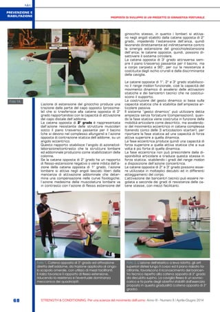 S&C
68 STRENGTH & CONDITIONING. Per una scienza del movimento dell’uomo Anno III - Numero 8 / Aprile-Giugno 2014
L’azione di estensione del ginocchio produce una
trazione dalla parte del capo opposto (prossima-
le) che si trasferisce alla catena opposta di 2°
grado rapportandosi con la capacità di attivazione
del capo distale dell’addome.
La catena opposta di 2° grado è rappresentata
dall’azione resistente delle strutture muscolari
sotto il piano trasverso passante per il bacino
(che si devono nel complesso allungare) e l’azione
opposta di contrazione statica dell’addome, su un
angolo eccentrico.
Questo rapporto stabilisce l’angolo di azione/col-
laborazione/contrasto che la struttura lombare
ed addominale producono come stabilizzatori della
colonna.
Se la catena opposta di 2° grado ha un rapporto
di flesso-estensione negativo o viene inibita dall’a-
zione della catena opposta di 1° grado, l’azione
lombare si attiva negli angoli lasciati liberi dalla
mancanza di attivazione addominale che deter-
mina una compensazione nelle curve fisiologiche;
l’azione medesima della muscolatura lombare va
in contrasto con l’azione di flesso estensione del
ginocchio stesso, in quanto i lombari si attiva-
no negli angoli stabiliti dalla catena opposta di 2°
grado, impedendo l’estensione dell’anca, quindi
lavorando direttamente ed indirettamente contro
la sinergia estensione del ginocchio/estensione
dell’anca; le catene opposte, quindi, possono di-
sattivare il sistema circolare.
La catena opposta di 3° grado attraversa sem-
pre il piano trasverso passante per il bacino, ma
a corpo carpiato a 90°, per cui la resistenza è
costituita dagli ischio crurali e dalla discriminante
della caviglia.
Le catene opposte di 1°, 2° e 3° grado stabilisco-
no il range motion funzionale, cioè la capacità del
movimento dinamico di avvalersi delle attivazioni
statiche e dei baricentri tecnici che ne costitui-
scono il supporto.
La costruzione del gesto dinamico si basa sulla
capacità statica che è stabilita dall’ampiezza ar-
ticolare passiva.
Il sistema “gesto dinamico” può utilizzare detta
ampiezza senza forzature (compensazioni), quan-
do la fase statica viene costruita in funzione della
mobilità articolare come descritto, ma avvalendo-
si del movimento eccentrico in catena complessa
(tenendo conto delle 3 articolazioni starter), per
riportare la fase statica ad una capacità di forza
attiva superiore a quella dinamica.
La fase eccentrica produce quindi una capacità di
forza superiore a quella attiva statica che a sua
volta è più forte di quella dinamica.
La fase eccentrica non può prescindere dalla di-
sponibilità articolare e traduce questa stessa in
forza statica, stabilendo i gradi del range motion
a disposizione dell’azione concentrica.
Le catene opposte di 2° e 3° grado possono esse-
re utilizzate in molteplici decubiti ed in differenti
atteggiamenti del corpo.
L’attivazione dei baricentri tecnici può essere re-
golata a seconda dei gradi di resistenza delle ca-
tene stesse, con mezzi facilitanti.
PROPOSTA DI SVILUPPO DI UN PROGETTO DI GINNASTICA POSTURALE
PREVENZIONE E
RIABILITAZIONE
Foto 1A
Foto 1. Catena opposta di 3° grado ed attivazione
diretta dell’addome, da trazione applicata al cingo-
lo scapolo omerale, con utilizzo di mezzi facilitanti.
Il rialzo favorisce il rapporto di flesso-estensione,
riducendo la resistenza e l’eventuale dominanza
meccanica dei quadricipiti.
Foto 2. L’azione dell’elastico a leva ridotta, gli arti
superiori distesi lungo il corpo ed il piano rialzato fa-
cilitante, favoriscono il riconoscimento del baricen-
tro tecnico rispetto alla catena opposta di 3° grado
da decubito supino. La caviglia flessa è un sovrac-
carico e fa parte degli obiettivi stabiliti dall’esercizio
proposto in questa gradualità (catena opposta di 3°
grado).
 