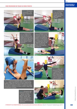 S&C
STRENGTH & CONDITIONING. Per una scienza del movimento dell’uomo Anno III - Numero 8 / Aprile-Giugno 2014 69
S&C(Ita)n.8,Aprile-Giugno2014,pp.xx-yy
COME PREVENZIONE DEI TRAUMI DA CARICO ITERATIVO
PREVENZIONE E
RIABILITAZIONE
Foto 3. Attivazione
come foto 1, ma
senza mezzi facili-
tanti.
Foto 4. Come Foto
3, ma con la di-
scriminante della
caviglia (aumento
della resistenza
indiretta).
Foto 5. Come Foto 3,
ma con utilizzo di un
mezzo facilitante coin-
cidente con il punto di
applicazione del carico
(leva ridotta sull’attiva-
zione diretta) + piano
declinato.
Foto 6. L’azione di un’arti-
colazione starter (cingo-
lo scapolo omerale) che
inserisce una resistenza
diretta in un’attivazione
in catena, può disattiva-
re un baricentro tecnico.
Il detector element del
gomito rivela la resi-
stenza che si oppone
all’addome.
Foto 7. Costruire la flessibilità della catena di Foto
6, con l’utilizzo del baricentro tecnico addominale,
significa migliorare l’attivazione del baricentro tec-
nico relativo (resistenza diretta ) e quello principale
(attivazione indiretta) e rendere stabile la disponibili-
tà articolare acquisita.
Foto 8. L’utilizzo del
baricentro tecnico
n° 3 permette di
migliorare l’attiva-
zione indiretta della
catena opposta di
3° grado mantenen-
done la stabilità.
Foto 9. Attivazione del
baricentro tecnico di
1° grado ad atteg-
giamento del corpo
esteso, rispetto alla
catena opposta di 2°
grado con utilizzo di
mezzo facilitante (piano
declinato).
 
