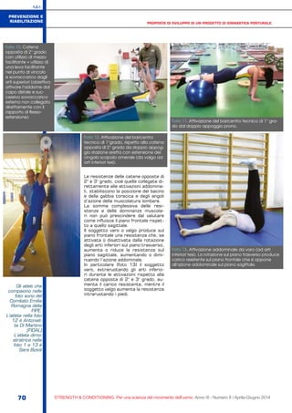 S&C
70 STRENGTH & CONDITIONING. Per una scienza del movimento dell’uomo Anno III - Numero 8 / Aprile-Giugno 2014
Le resistenze delle catene opposte di
2° e 3° grado, cioè quelle collegate di-
rettamente alle attivazioni addomina-
li, stabiliscono la posizione del bacino
e della gabbia toracica e degli angoli
d’azione della muscolatura lombare.
La somma complessiva delle resi-
stenze e delle dominanze muscola-
ri non può prescindere dal valutare
come influisce il piano frontale rispet-
to a quello sagittale.
Il soggetto varo o valgo produce sul
piano frontale una resistenza che, se
attivata o disattivata dalla rotazione
degli arti inferiori sul piano trasverso,
aumenta o riduce la resistenza sul
piano sagittale, aumentando o dimi-
nuendo l’azione addominale.
In particolare (foto 13) il soggetto
varo, extraruotando gli arti inferio-
ri durante le attivazioni rispetto alla
catena opposta di 2° e 3° grado, au-
menta il carico resistente, mentre il
soggetto valgo aumenta la resistenza
intraruotando i piedi.
PROPOSTA DI SVILUPPO DI UN PROGETTO DI GINNASTICA POSTURALE
PREVENZIONE E
RIABILITAZIONE
Gli atleti che
compaiono nelle
foto sono del
Comitato Emilia
Romagna della
FIPE.
L’atleta nella foto
12 è Antoniet-
ta Di Martino
(FIDAL)
L’atleta dimo-
stratrice nella
foto 1 e 13 è
Sara Bizioli
Foto 10. Catena
opposta di 2° grado
con utilizzo di mezzo
facilitante + utilizzo di
una leva facilitante
nel punto di vincolo
e sovraccarico dagli
arti superiori (obiettivo:
attivare l’addome dal
capo distale e suc-
cessivo sovraccarico
esterno non collegato
direttamente con il
rapporto di flesso-
estensione).
Foto 11. Attivazione del baricentro tecnico di 1° gra-
do dal doppio appoggio prono.
Foto 12. Attivazione del baricentro
tecnico di 1°grado, rispetto alla catena
opposta di 2° grado da doppio appog-
gio stazione eretta con estensione del
cingolo scapolo omerale (da valgo ad
arti inferiori tesi).
Foto 13. Attivazione addominale da varo (ad arti
inferiori tesi). La rotazione sul piano trasverso produce
carico resistente sul piano frontale che si oppone
all’azione addominale sul piano sagittale.
 
